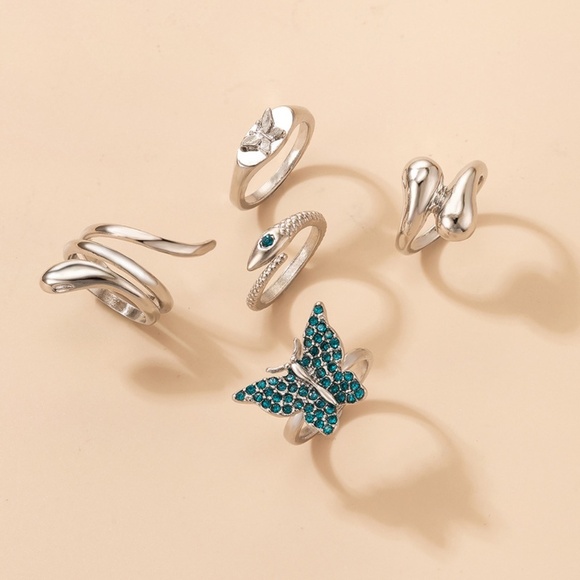 **OONA* 5-Pc Silver Snake x Butterfly Ring Set - Picture 6 of 7